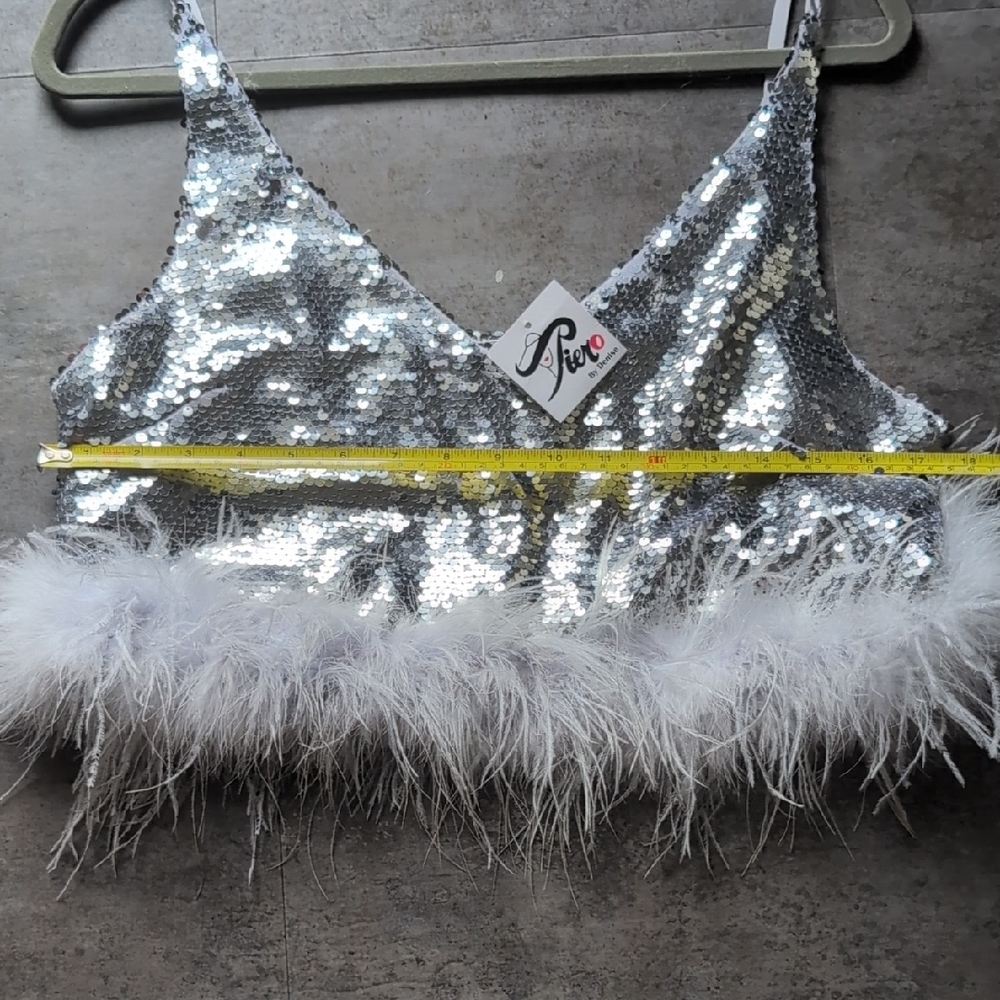 Silver Sequin Camisole with Feather Trim - Picture 7 of 8